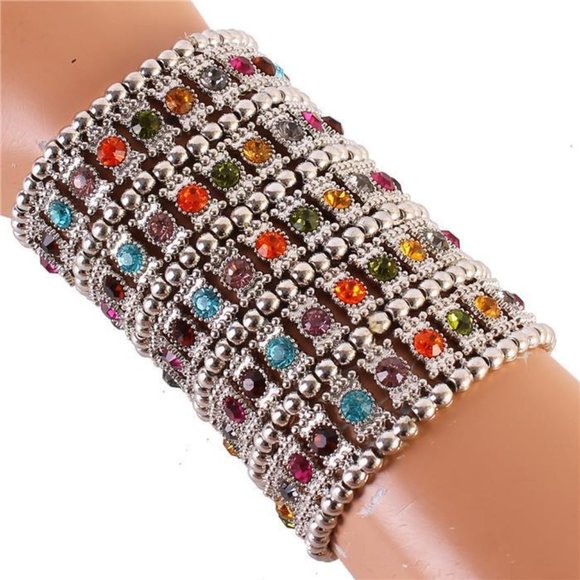 Gorgeous Bohemian India Style Crystal Silver Wide Cuff Stretch Bracelet NEW - Picture 1 of 4
